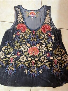 Johnny Was Black Velvet Embroidered Floral Tank